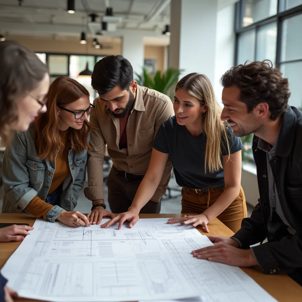 Equipo fundador de Consultoría Futura discutiendo planes en una oficina moderna